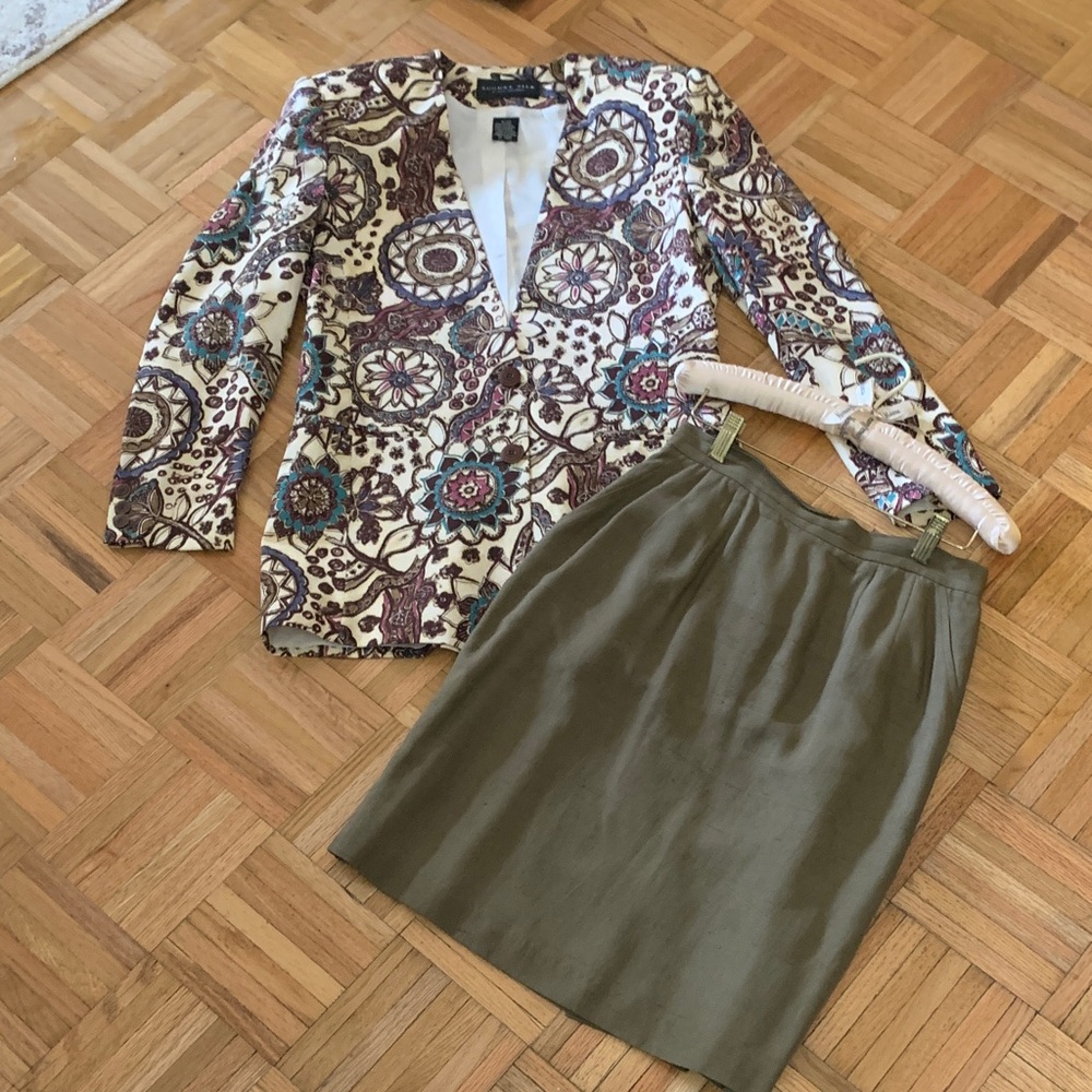 Diane Gilman Silk Floral Blazer Women’s Size 4 - & Anne Klein Olive Skirt - Picture 2 of 14